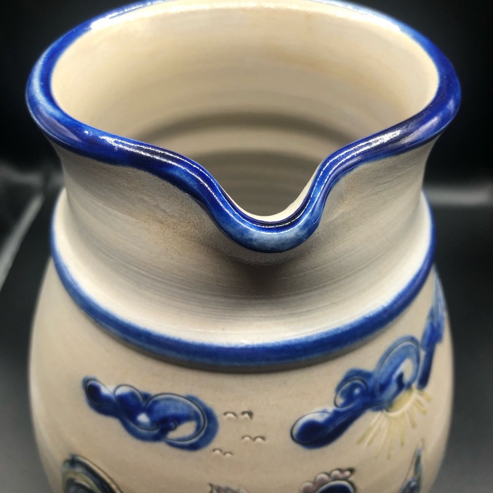Henrichs Klauer Signed Salt Glazed Pottery Colbalt Blue Rooster Hen Pitcher - Picture 13 of 15